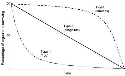 A survivorship curve of different reproductive strategies.